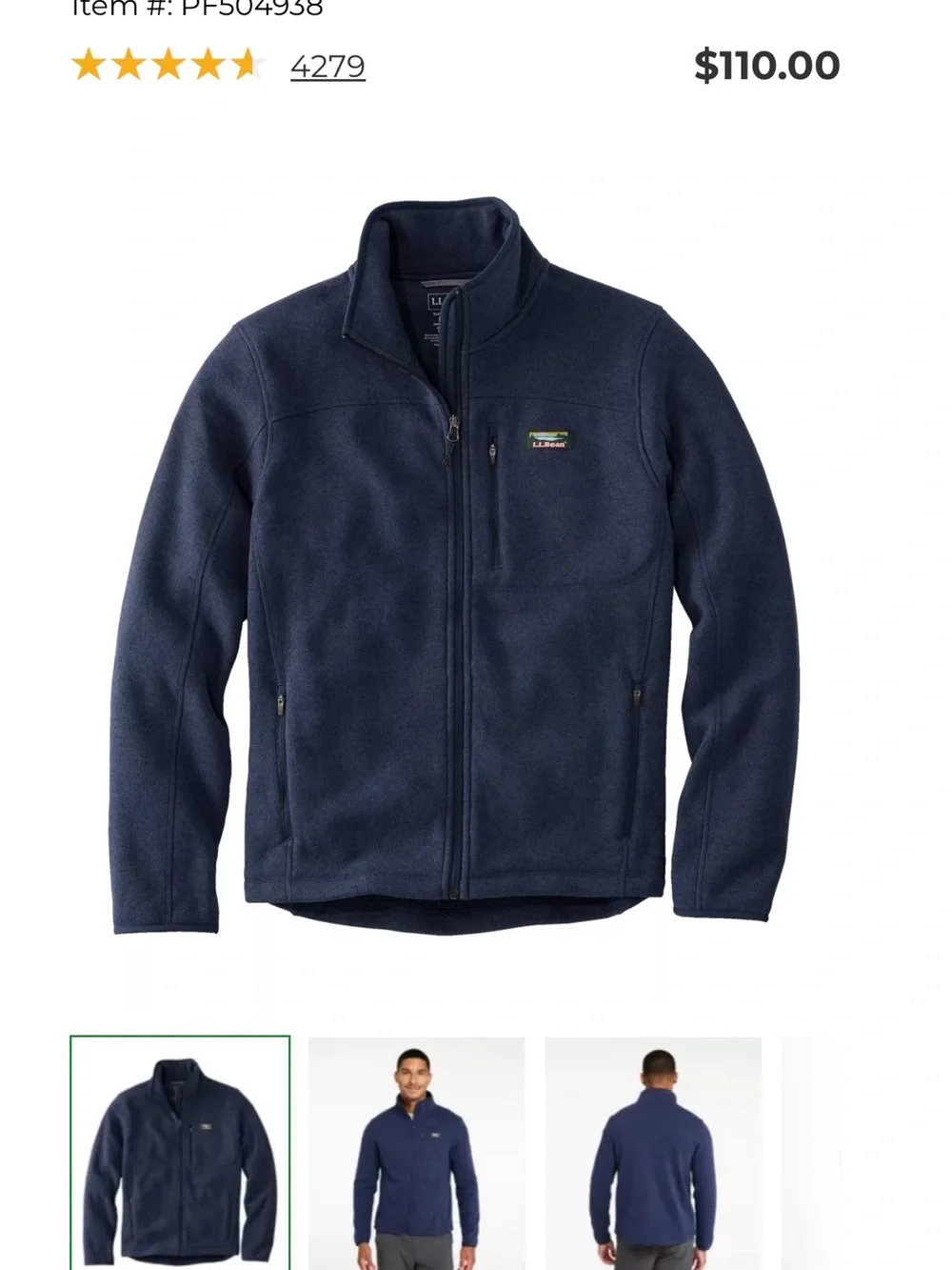 L.L. Bean Sweater Fleece Full Zip Jacket Navy Blue warm cozy classic style Lg